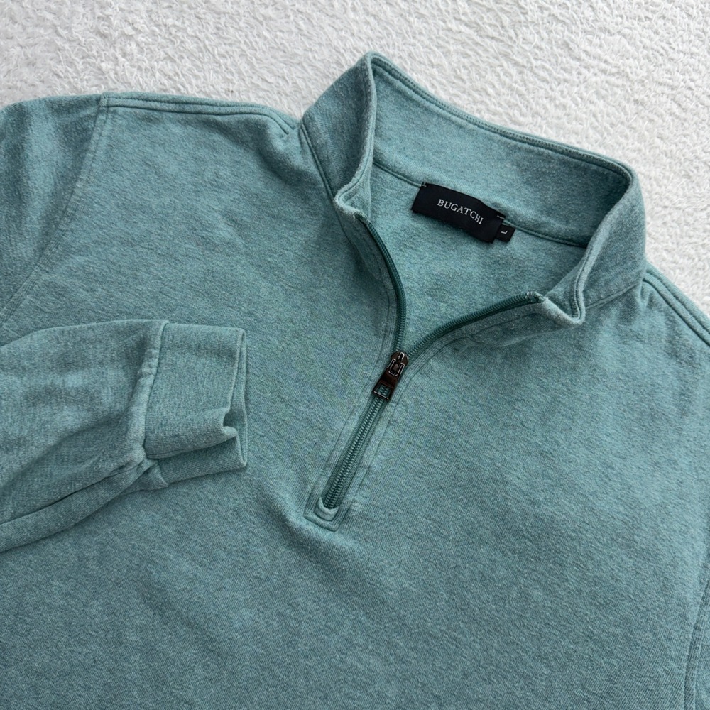Bugatchi Mens Quarter Zip Pullover Sweater Teal Green Heathered Cotton Blend L